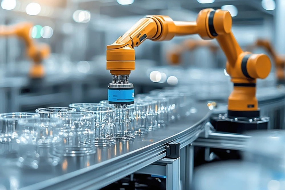 Robotic arm inside a modern industrial manufacturing facility